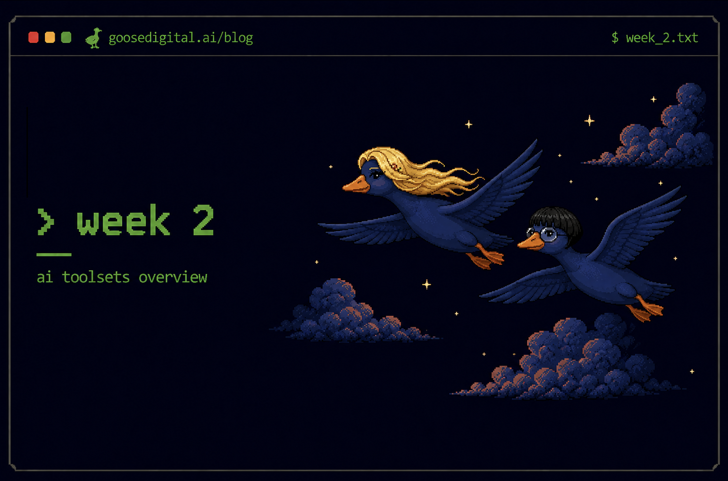 Pixel art terminal interface showing week 2 with two geese flying through a starry night sky