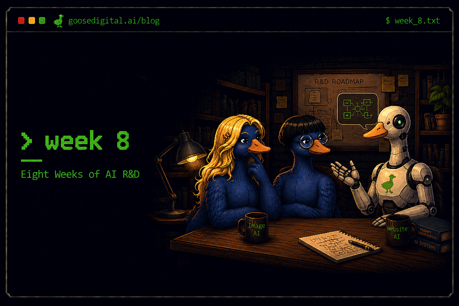 Pixel art terminal window titled week 8 — Eight Weeks of AI R&D — with two blue geese and a white robot goose talking at a lamplit desk beneath an R&D roadmap corkboard, mugs labelled Image AI and Website AI between them