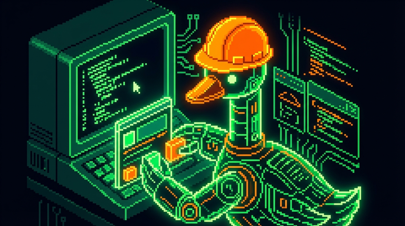 Pixel art illustration of a goose in a hard hat building a website at a retro computer terminal