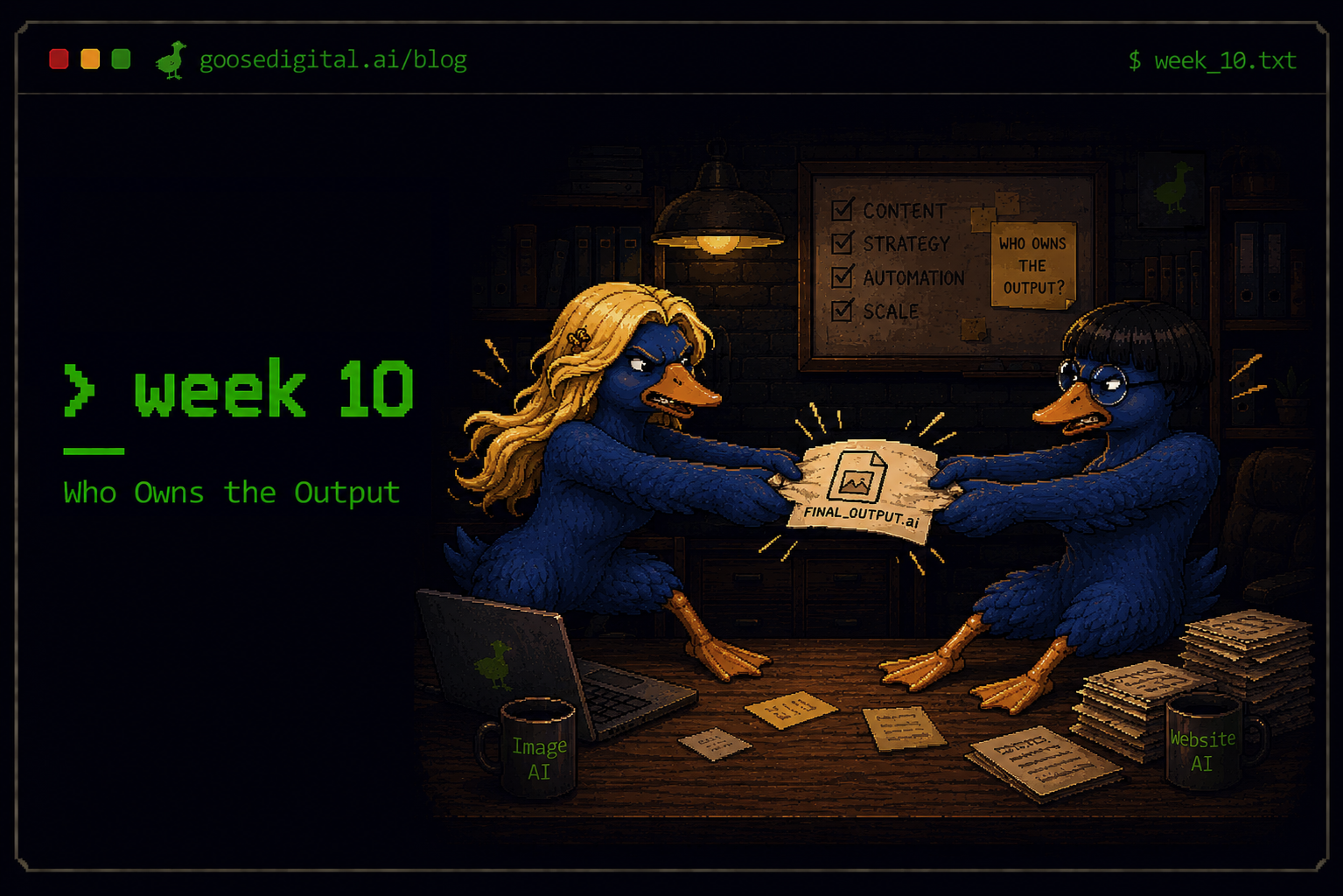 Pixel art terminal window titled week 10 — Who Owns the Output — with two blue geese in a tug-of-war over a document labelled FINAL_OUTPUT.ai, beneath a corkboard checklist reading content, strategy, automation, scale and a sticky note asking who owns the output