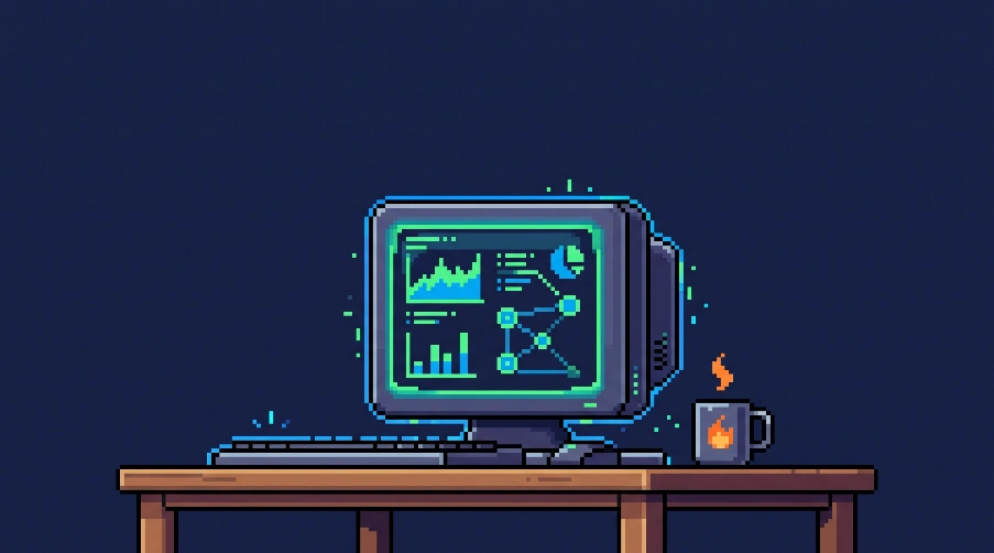 Pixel art of a retro computer monitor showing performance charts and a network diagram, next to a steaming coffee mug on a wooden desk