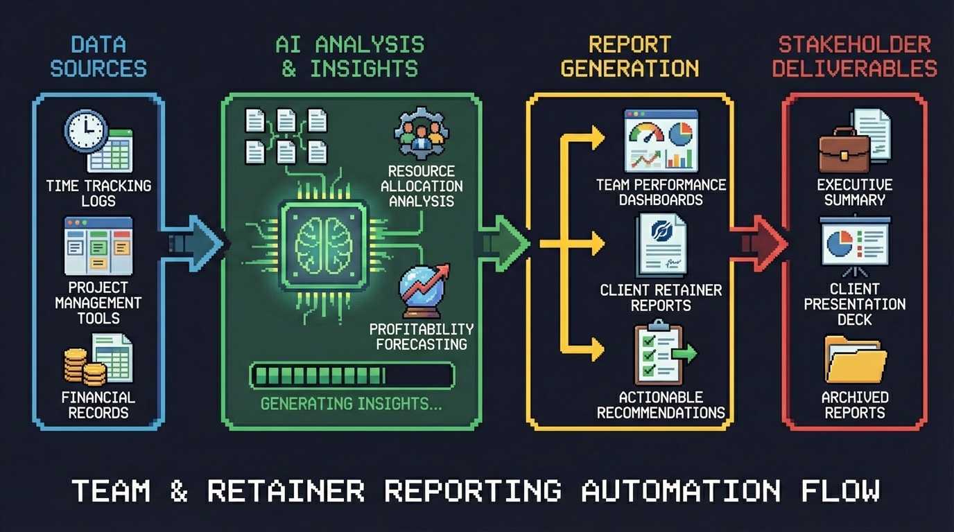 Team and Retainer Reporting Automation Flow — from data sources through AI analysis to stakeholder deliverables